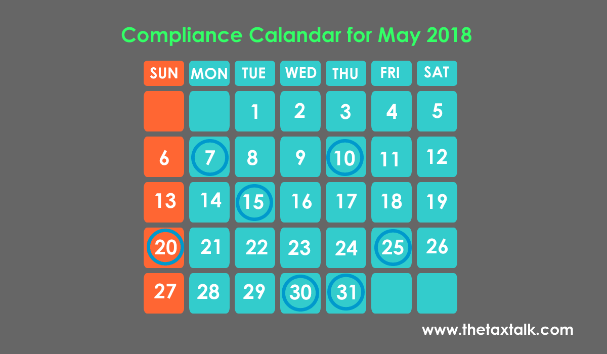 Business Compliance Calendar for the month of May 2018