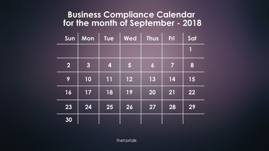 Business Compliance Calendar for the month of September - 2018