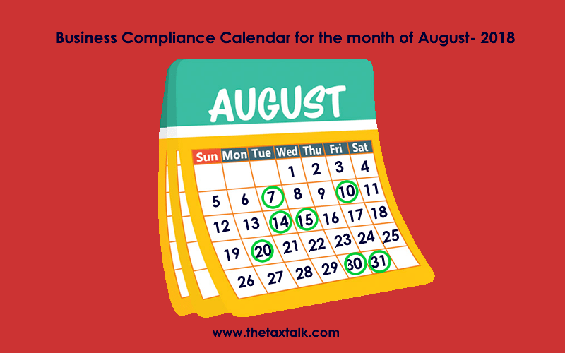 Business Compliance Calendar for the month of August - 2018