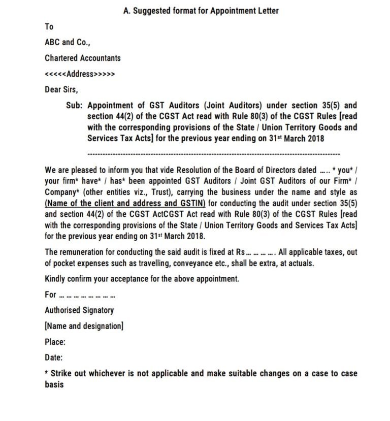 GST Auditor Appointment Letter Format GST Auditor Appointment Letter Format