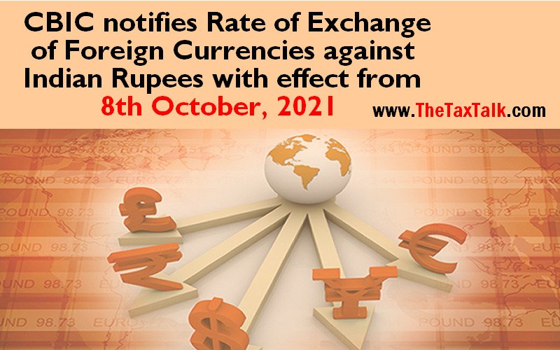 CBIC notifies Rate of Exchange of Foreign Currencies against Indian Rupees with effect from 8th October, 2021