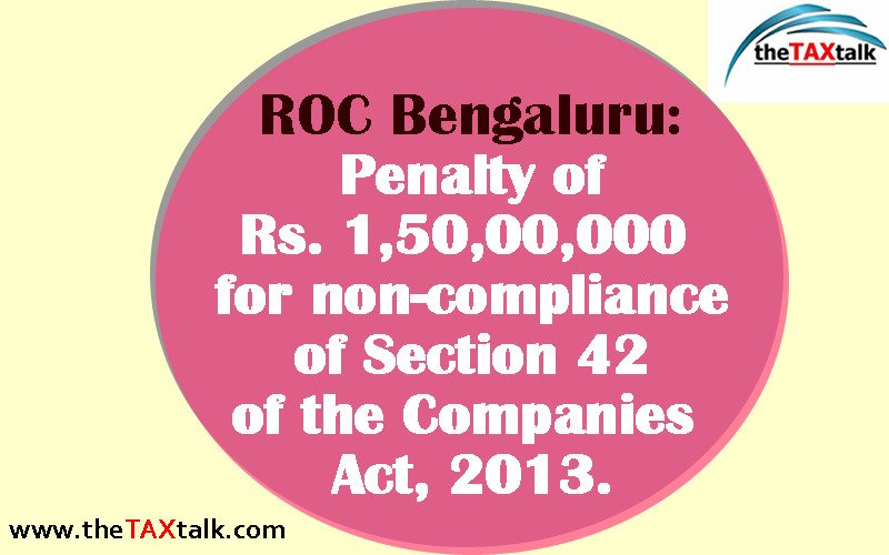 ROC Bengaluru: Penalty of Rs. 1,50,00,000 for non-compliance of Section 42 of the Companies Act, 2013.