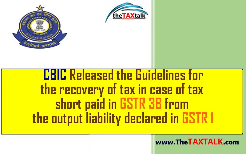 CBIC Released the Guidelines for the recovery of tax in case of tax short paid in GSTR 3B from the output liability declared in GSTR 1