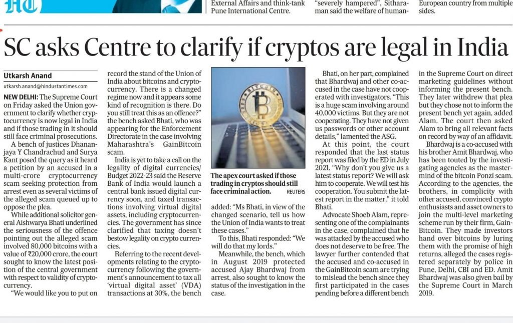 The Supreme Court asked the Center to clarify if Cryptos are legal in India?