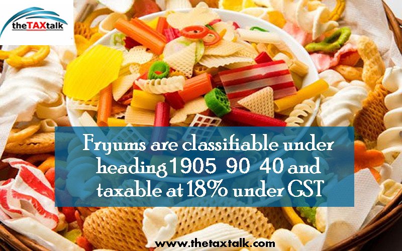 Fryums are classifiable under heading 1905 90 40 and taxable at 18% under GST