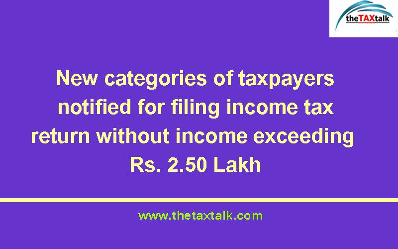 New categories of taxpayers notified for filing income tax return without income exceeding Rs. 2.50 Lakh